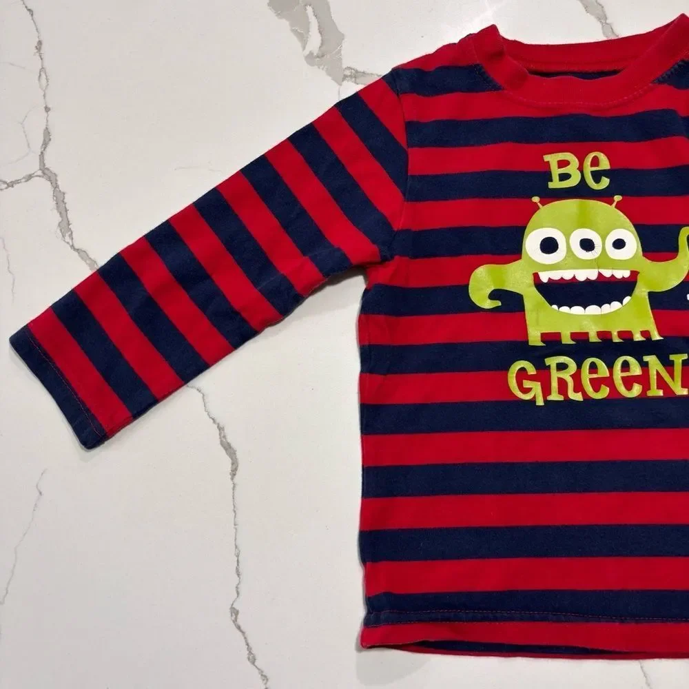 CIRCO Boys Red Navy Blue Long Sleeve Striped Monster T Shirt Cotton Toddler 3T